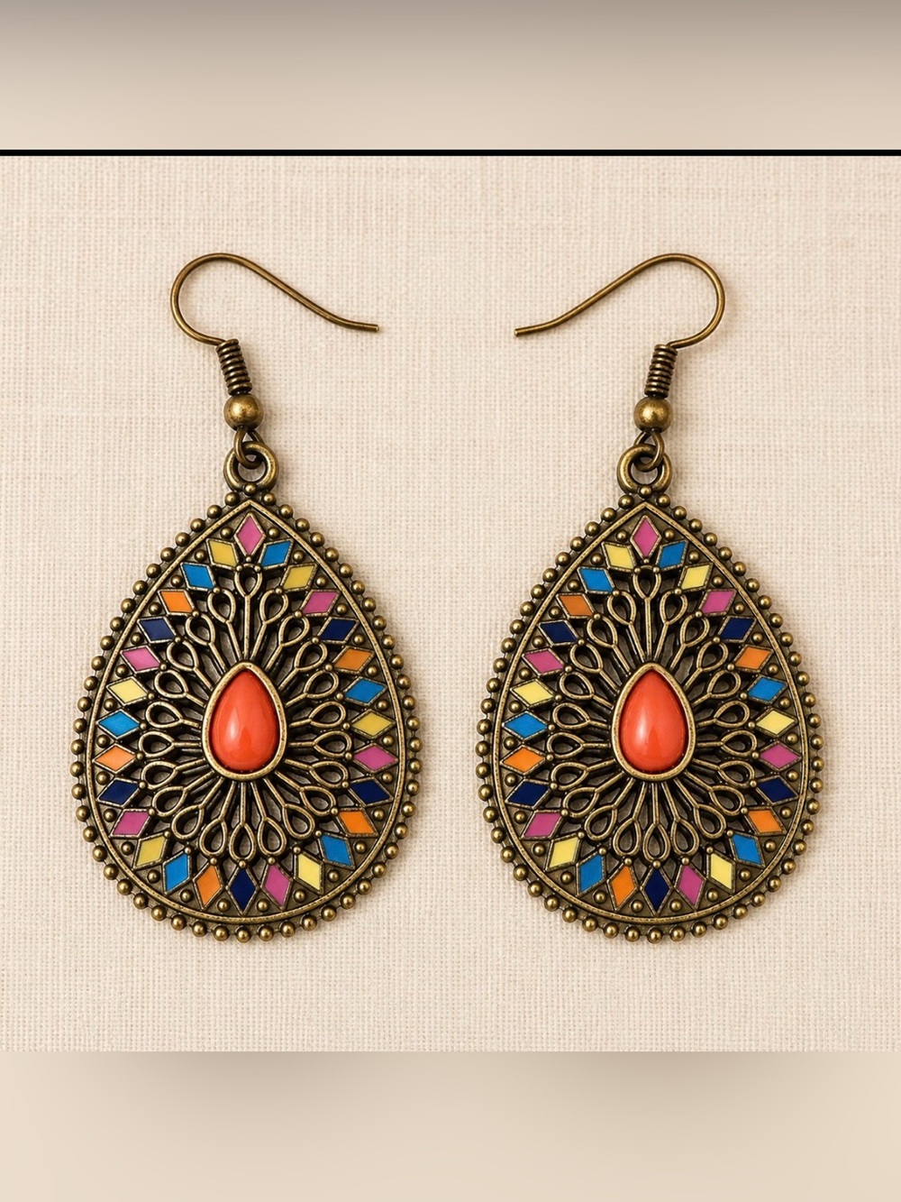 Boho Mosaic Enamel Teardrop Earrings Coral Peacock Statement Dangles